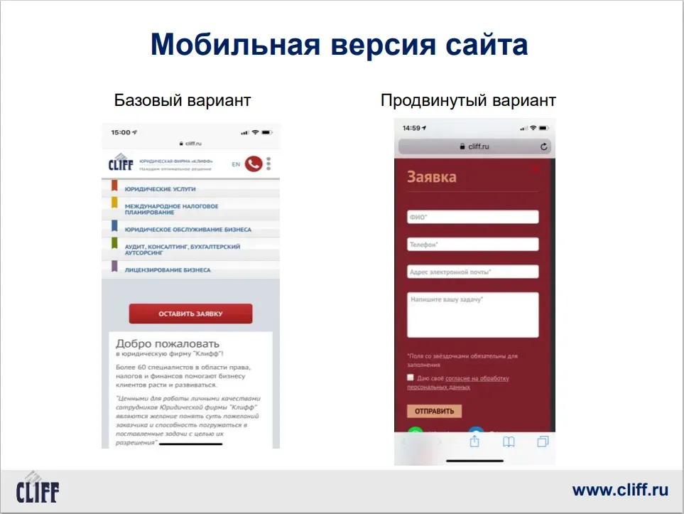 Форма захвата в мобильной версии сайта cliff.ru