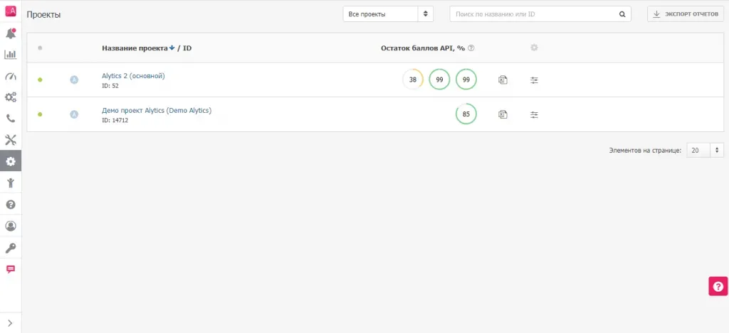 Обновлённая страница списка проектов в Alytics