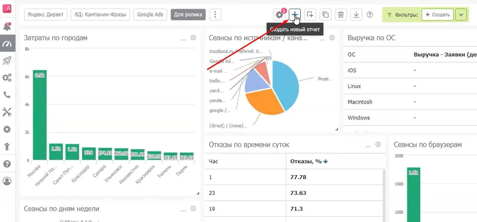 Кнопка «Создать новый отчет» в Alytics