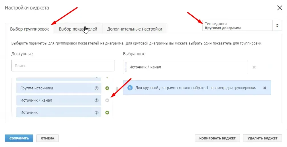 Выбор параметра Источник/канал для круговой диаграммы